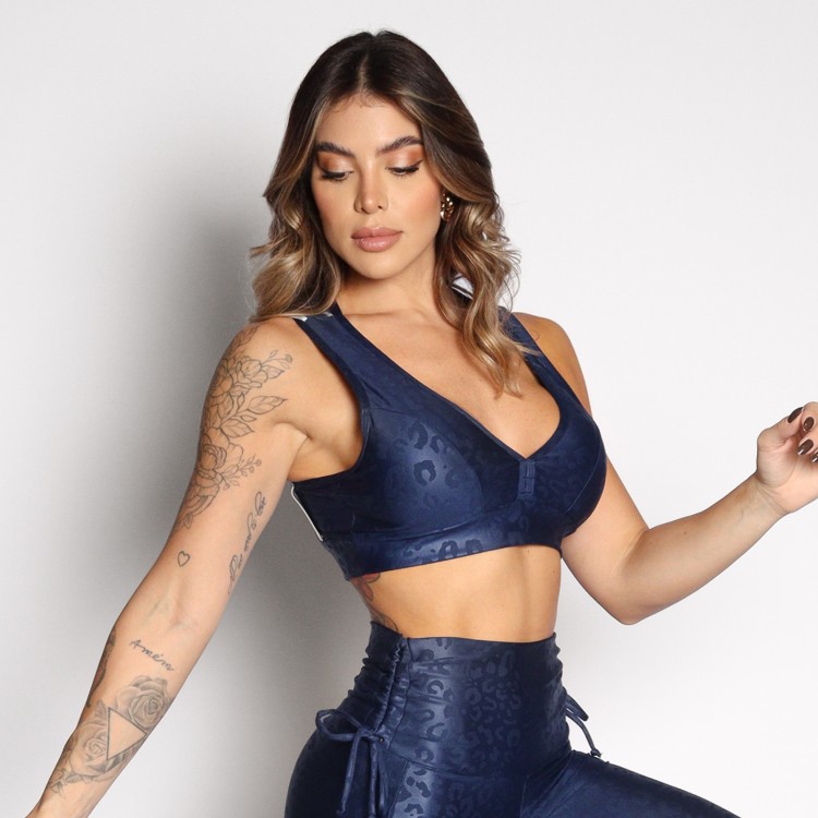 Top Fitness Versalhes Jacquard Onça Com Elástico Nas Costas