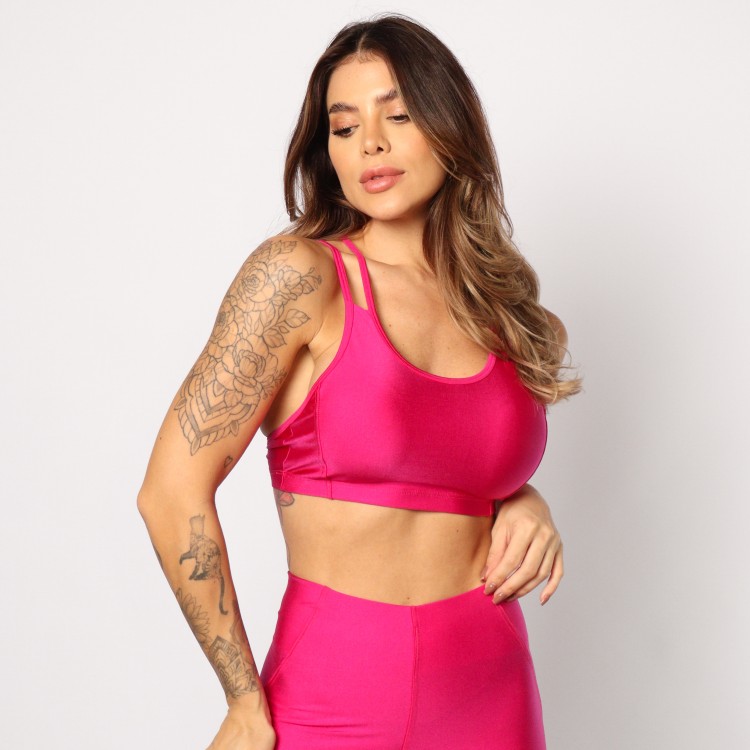 Cropped Fitness Sandy Liso Com Alças Finas Em Passador