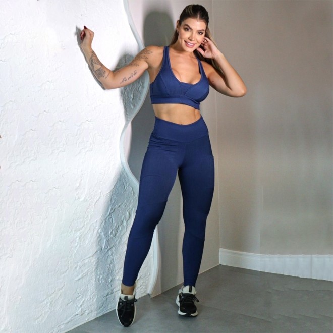 Calça Legging Eva Canelado Recorte Com Bolso - Marinho